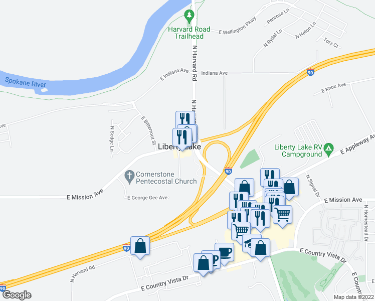 map of restaurants, bars, coffee shops, grocery stores, and more near 21804 East Mission Avenue in Liberty Lake