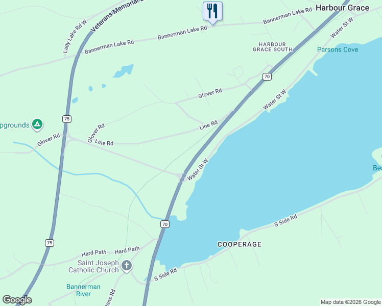 map of restaurants, bars, coffee shops, grocery stores, and more near 474 Harvey Street in Harbour Grace