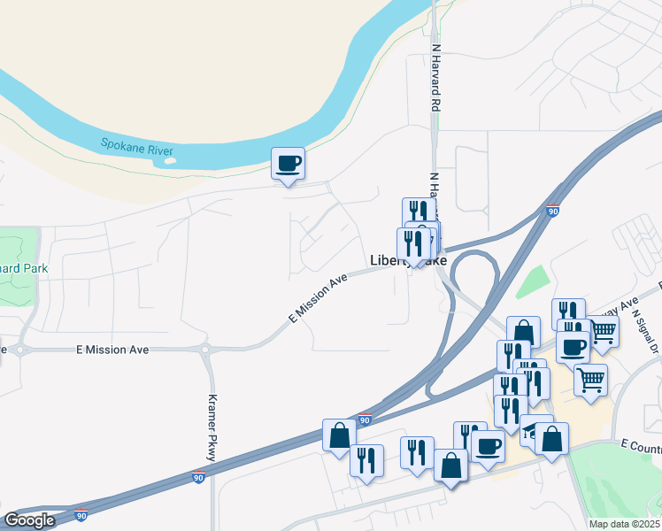 map of restaurants, bars, coffee shops, grocery stores, and more near 21504 East Rockrose Lane in Liberty Lake