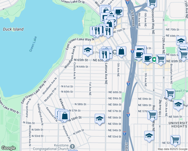 map of restaurants, bars, coffee shops, grocery stores, and more near 102 Northeast 63rd Street in Seattle
