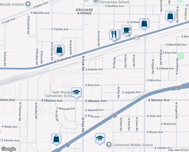 map of restaurants, bars, coffee shops, grocery stores, and more near 7615 East Baldwin Avenue in Spokane Valley