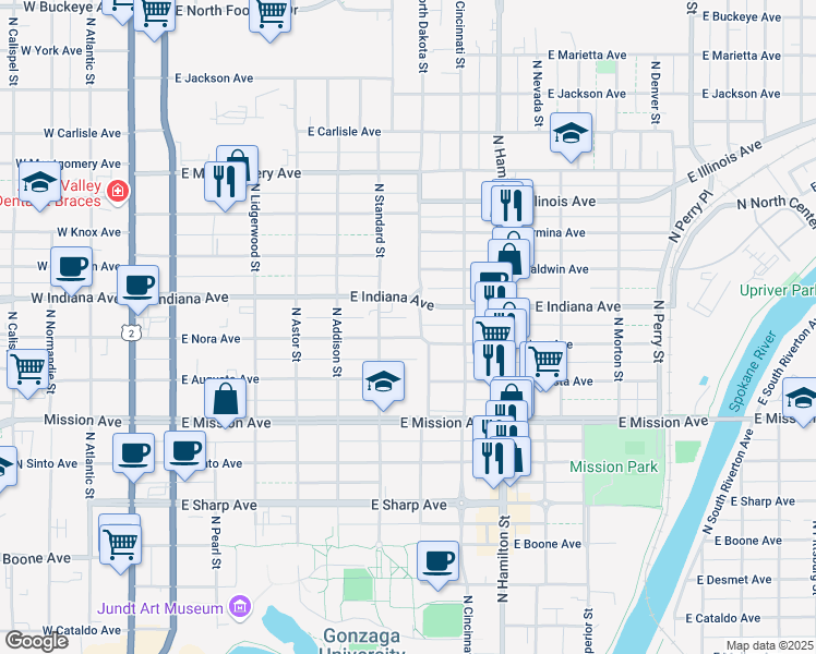 map of restaurants, bars, coffee shops, grocery stores, and more near 614 East Indiana Avenue in Spokane
