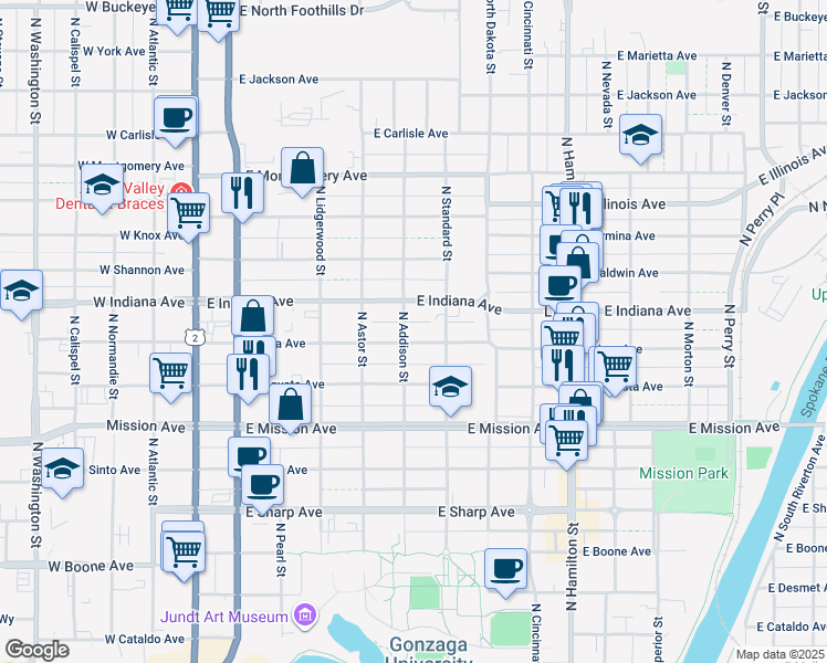 map of restaurants, bars, coffee shops, grocery stores, and more near 518 East Indiana Avenue in Spokane