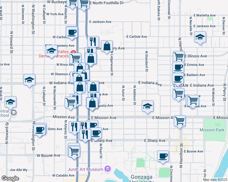 map of restaurants, bars, coffee shops, grocery stores, and more near 222 East Indiana Avenue in Spokane