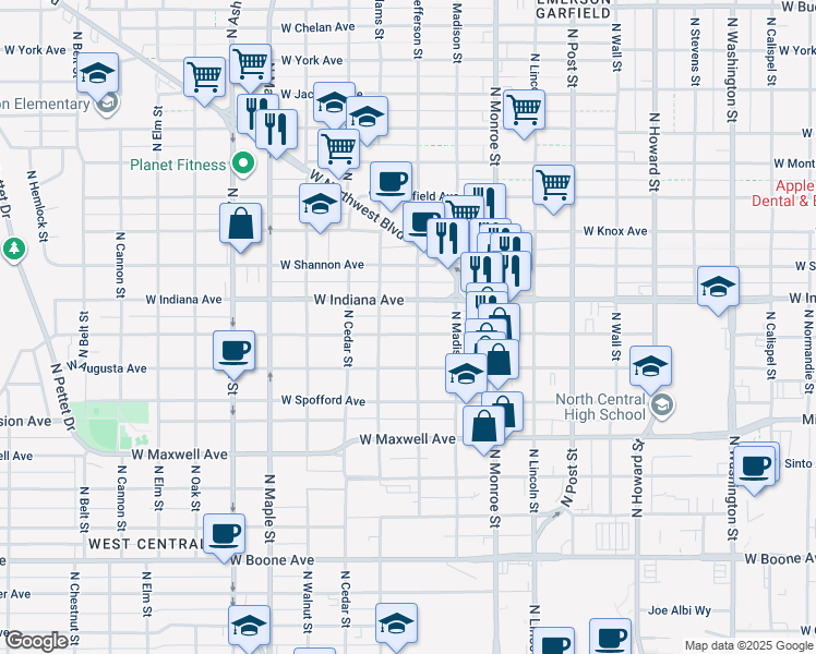 map of restaurants, bars, coffee shops, grocery stores, and more near 1214 West Nora Avenue in Spokane
