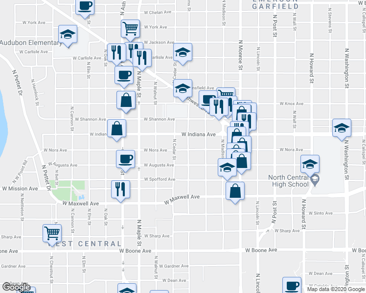 map of restaurants, bars, coffee shops, grocery stores, and more near 1812 North Cedar Street in Spokane