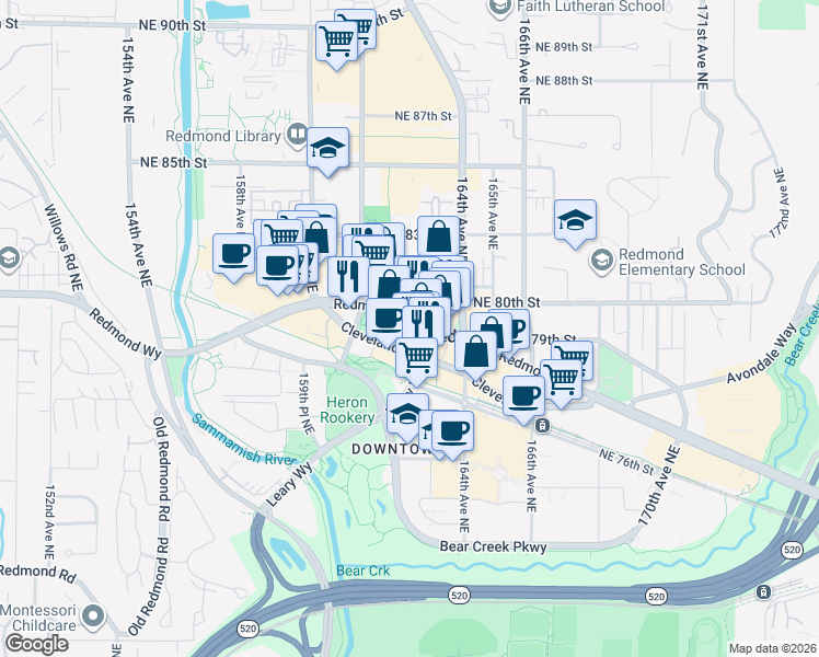 map of restaurants, bars, coffee shops, grocery stores, and more near 16241 Redmond Way in Redmond