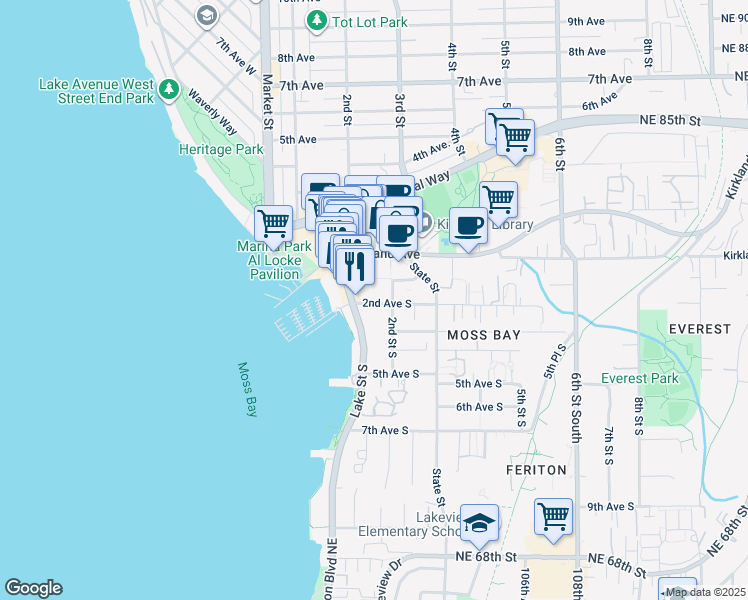 map of restaurants, bars, coffee shops, grocery stores, and more near 108 2nd Avenue South in Kirkland
