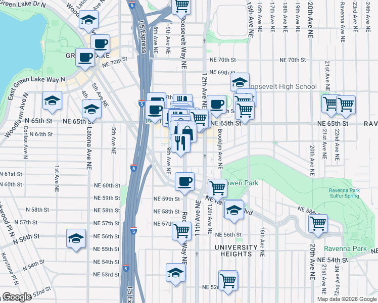 map of restaurants, bars, coffee shops, grocery stores, and more near 1020 Northeast 63rd Street in Seattle