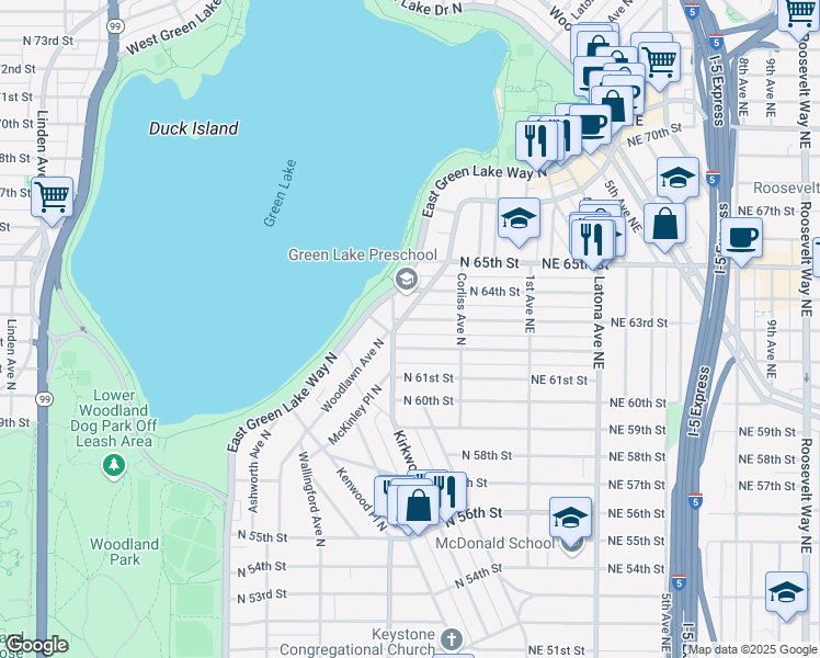 map of restaurants, bars, coffee shops, grocery stores, and more near 2122 North 63rd Street in Seattle