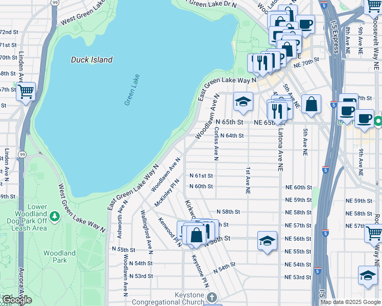 map of restaurants, bars, coffee shops, grocery stores, and more near 2122 North 63rd Street in Seattle