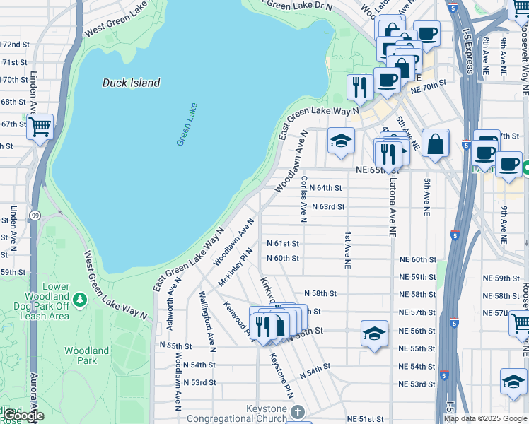 map of restaurants, bars, coffee shops, grocery stores, and more near 1912 North 63rd Street in Seattle