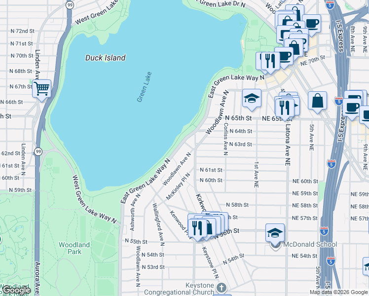 map of restaurants, bars, coffee shops, grocery stores, and more near 1912 North 63rd Street in Seattle