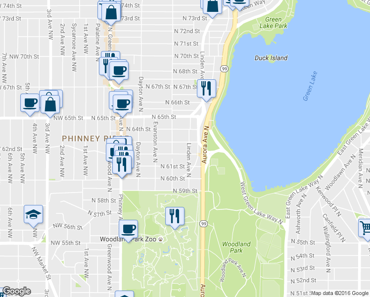 map of restaurants, bars, coffee shops, grocery stores, and more near 717 North 63rd Street in Seattle