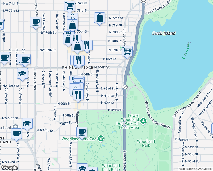 map of restaurants, bars, coffee shops, grocery stores, and more near 623 North 63rd Street in Seattle