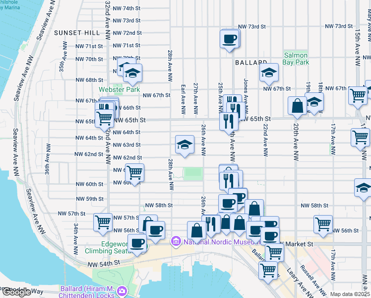 map of restaurants, bars, coffee shops, grocery stores, and more near 2619 Northwest 63rd Street in Seattle