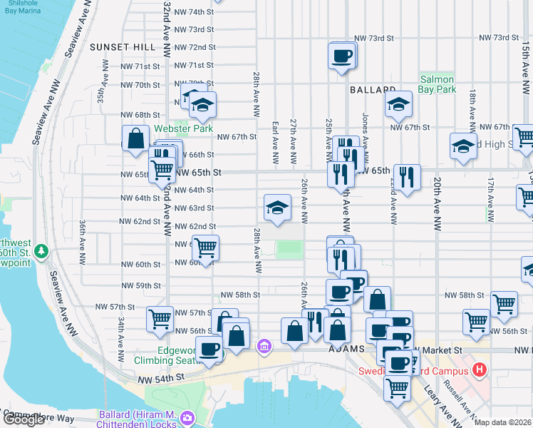 map of restaurants, bars, coffee shops, grocery stores, and more near 2651 Northwest 63rd Street in Seattle