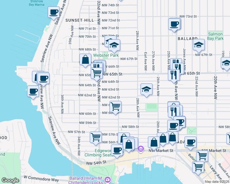 map of restaurants, bars, coffee shops, grocery stores, and more near 6302 30th Avenue Northwest in Seattle