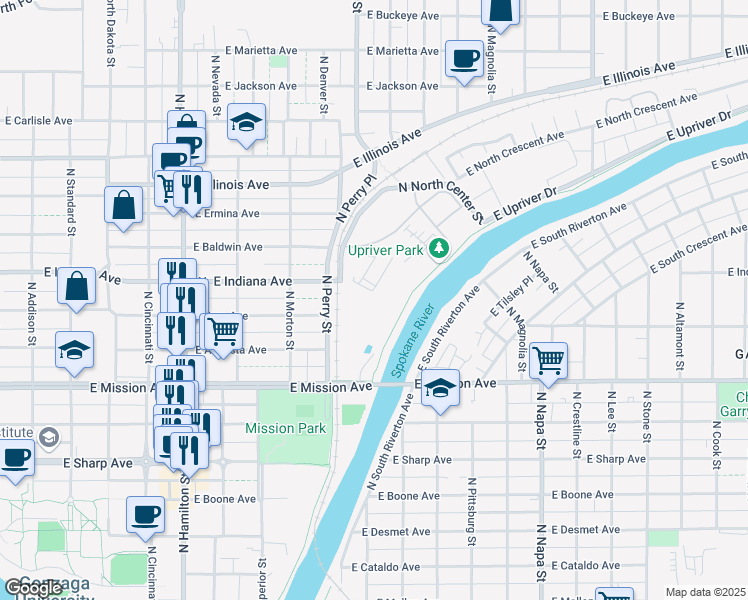 map of restaurants, bars, coffee shops, grocery stores, and more near in Spokane