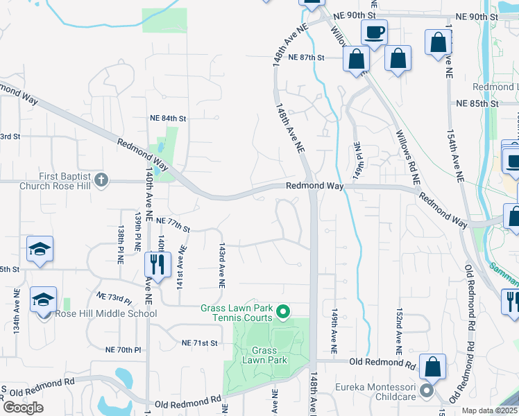 map of restaurants, bars, coffee shops, grocery stores, and more near 14431 Redmond Way in Redmond
