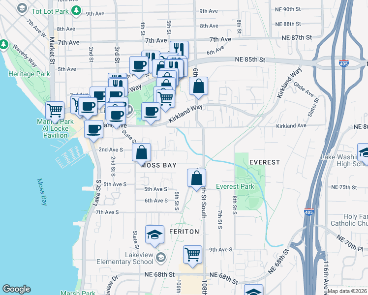 map of restaurants, bars, coffee shops, grocery stores, and more near 529 1st Avenue South in Kirkland