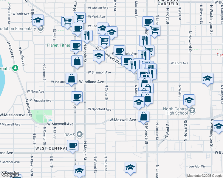 map of restaurants, bars, coffee shops, grocery stores, and more near 1308 West Nora Avenue in Spokane