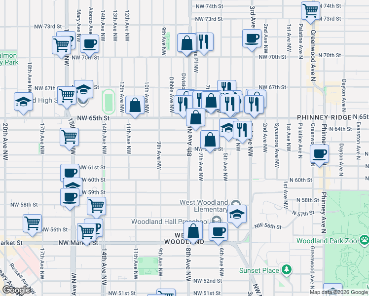 map of restaurants, bars, coffee shops, grocery stores, and more near 809 Northwest 63rd Street in Seattle
