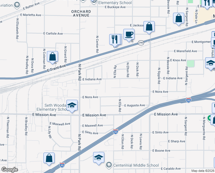 map of restaurants, bars, coffee shops, grocery stores, and more near 1910 North Ely Road in Spokane Valley