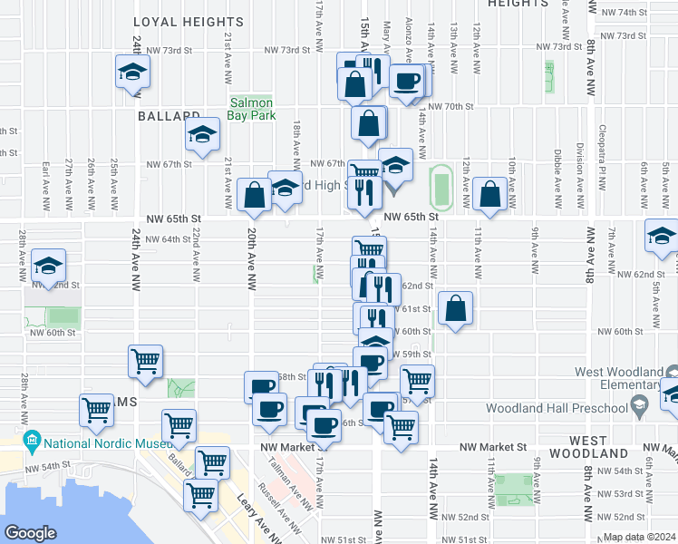 map of restaurants, bars, coffee shops, grocery stores, and more near 1541 Northwest 63rd Street in Seattle