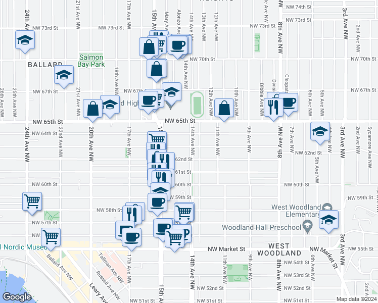 map of restaurants, bars, coffee shops, grocery stores, and more near 6217 14th Avenue Northwest in Seattle