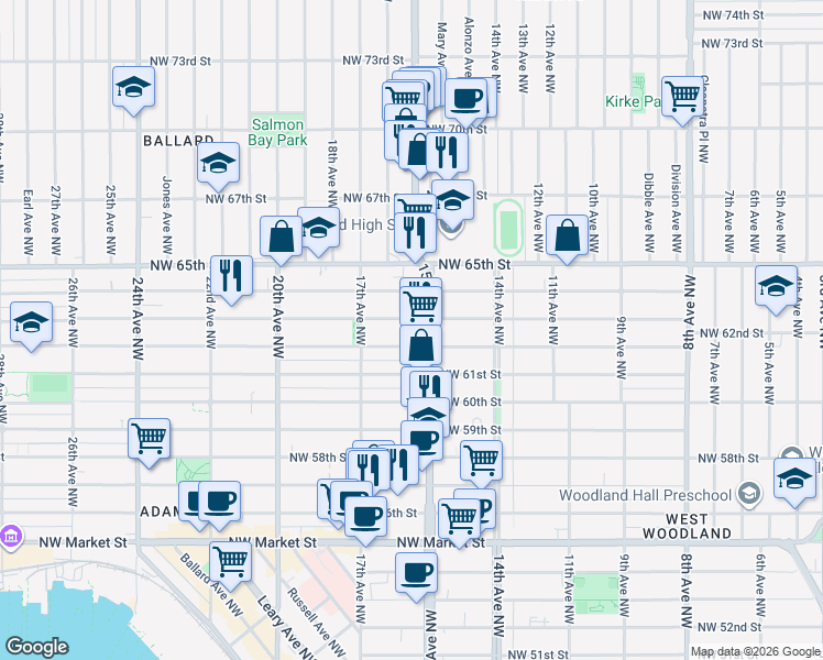 map of restaurants, bars, coffee shops, grocery stores, and more near 1531b Northwest 63rd Street in Seattle