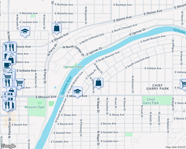 map of restaurants, bars, coffee shops, grocery stores, and more near 1914 East Tilsley Place in Spokane