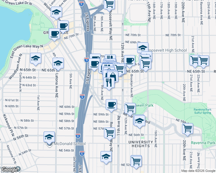map of restaurants, bars, coffee shops, grocery stores, and more near 920 Northeast 63rd Street in Seattle