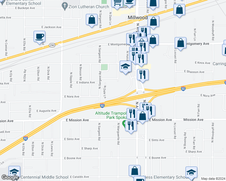 map of restaurants, bars, coffee shops, grocery stores, and more near 1908 North Dale Lane in Spokane Valley