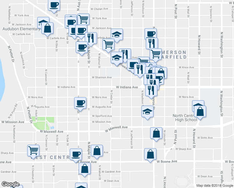 map of restaurants, bars, coffee shops, grocery stores, and more near 1812 North Cedar Street in Spokane