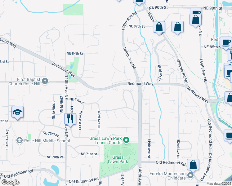 map of restaurants, bars, coffee shops, grocery stores, and more near 14431 Redmond Way in Redmond