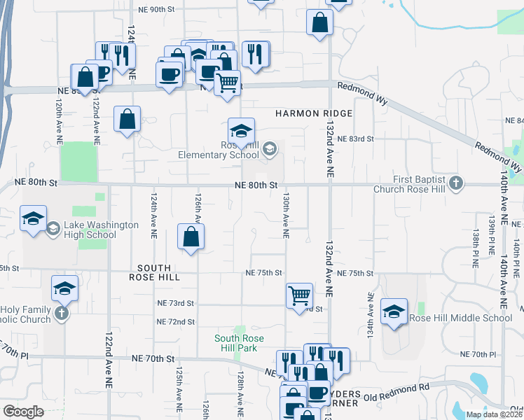 map of restaurants, bars, coffee shops, grocery stores, and more near 12833 Northeast 80th Street in Kirkland
