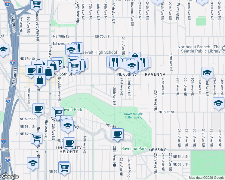 map of restaurants, bars, coffee shops, grocery stores, and more near 6285 20th Avenue Northeast in Seattle
