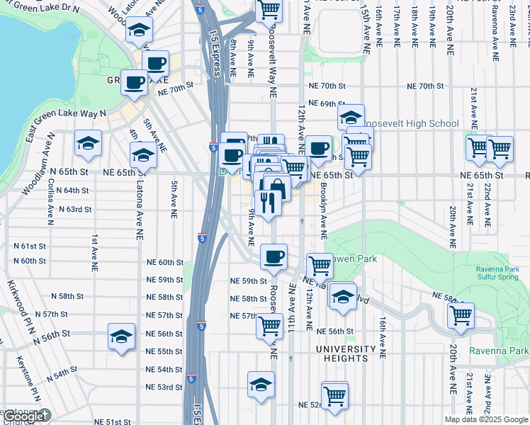 map of restaurants, bars, coffee shops, grocery stores, and more near 6307 Roosevelt Way Northeast in Seattle