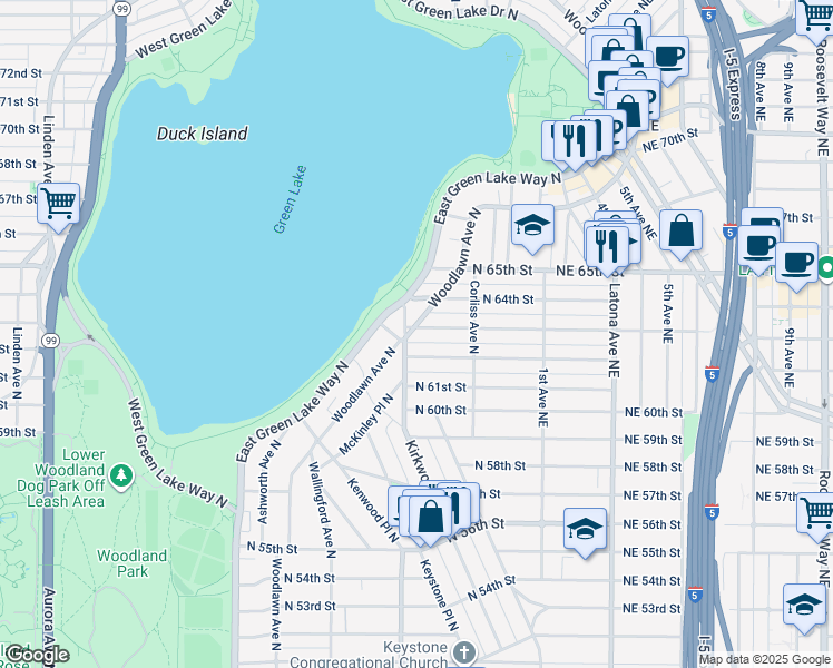 map of restaurants, bars, coffee shops, grocery stores, and more near 2122 North 63rd Street in Seattle