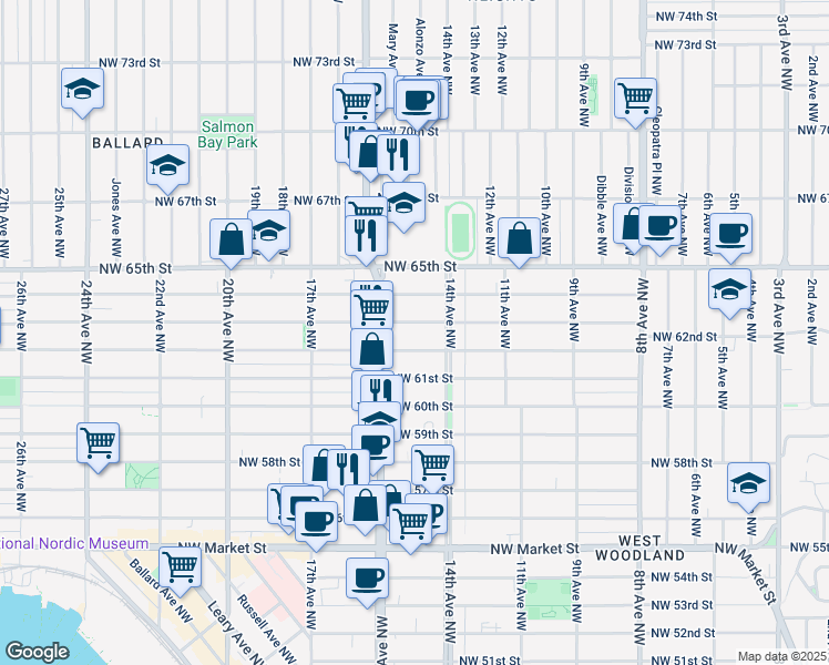 map of restaurants, bars, coffee shops, grocery stores, and more near 1420 Northwest 63rd Street in Seattle