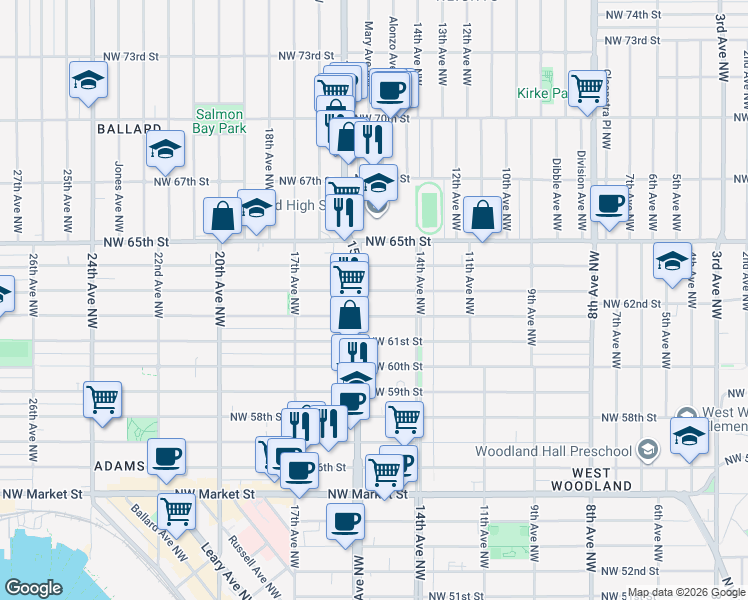 map of restaurants, bars, coffee shops, grocery stores, and more near 6212 15th Avenue Northwest in Seattle