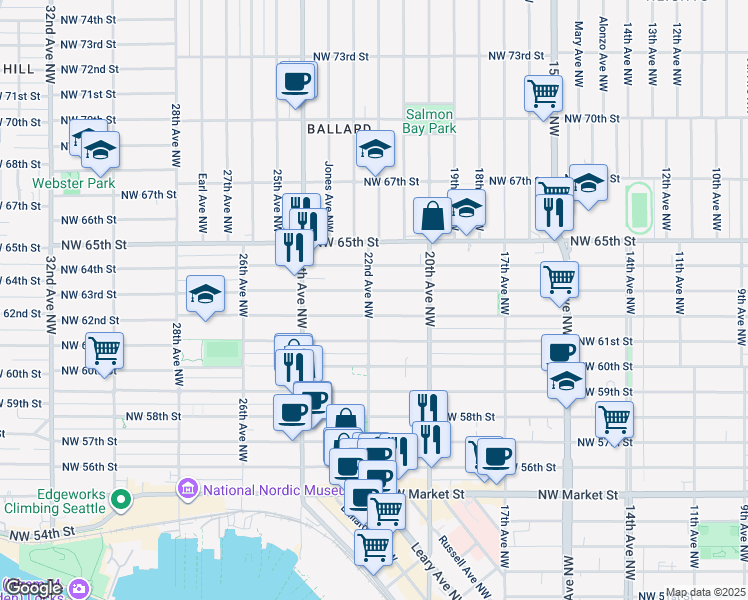 map of restaurants, bars, coffee shops, grocery stores, and more near 2201 Northwest 63rd Street in Seattle