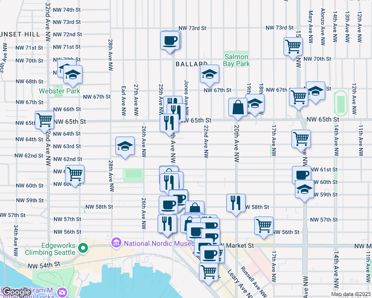 map of restaurants, bars, coffee shops, grocery stores, and more near 2243 Northwest 63rd Street in Seattle