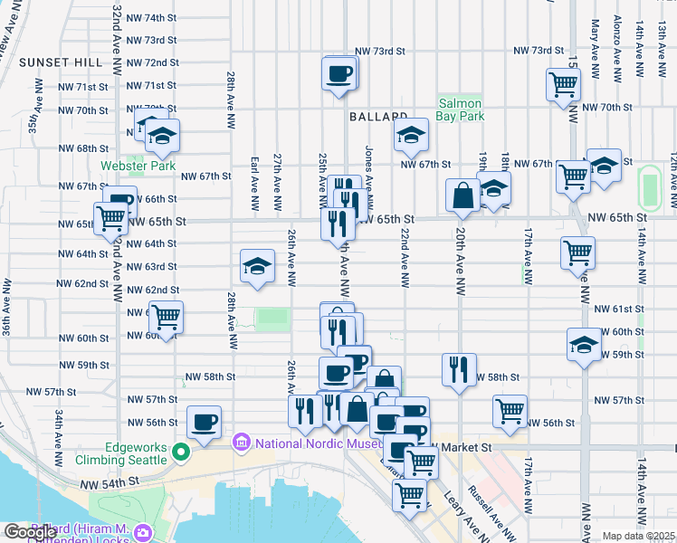 map of restaurants, bars, coffee shops, grocery stores, and more near 2401 Northwest 63rd Street in Seattle