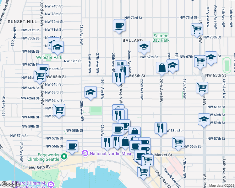 map of restaurants, bars, coffee shops, grocery stores, and more near 2401 Northwest 63rd Street in Seattle