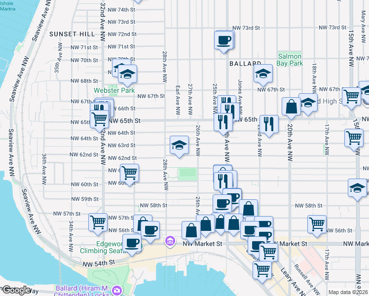 map of restaurants, bars, coffee shops, grocery stores, and more near 2616 Northwest 63rd Street in Seattle