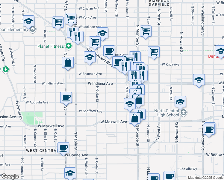 map of restaurants, bars, coffee shops, grocery stores, and more near 1214 West Nora Avenue in Spokane