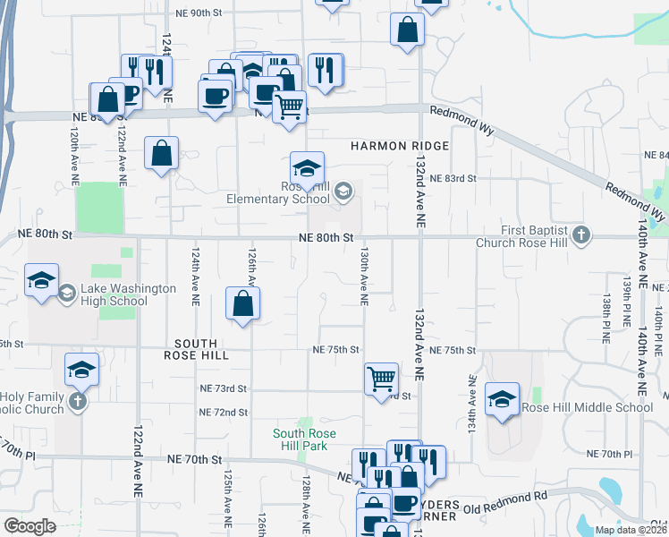 map of restaurants, bars, coffee shops, grocery stores, and more near 12833 Northeast 80th Street in Kirkland