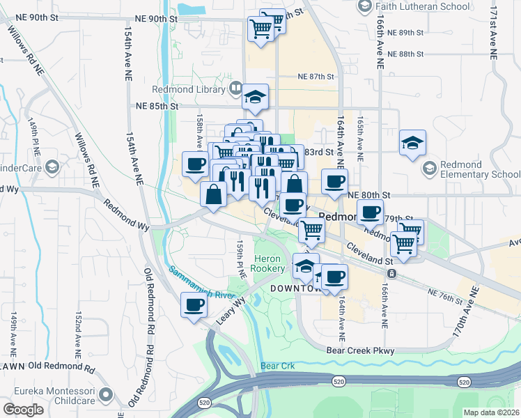 map of restaurants, bars, coffee shops, grocery stores, and more near 16095 Cleveland Street in Redmond